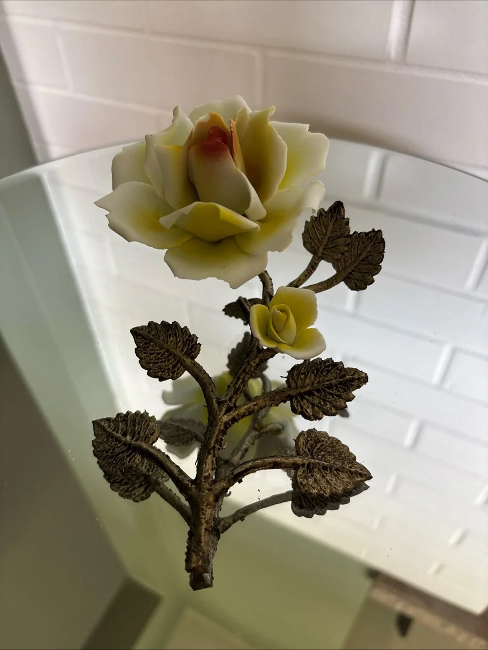 Vintage Yellow Porcelain Rose Accent with Metal Leaves Stand